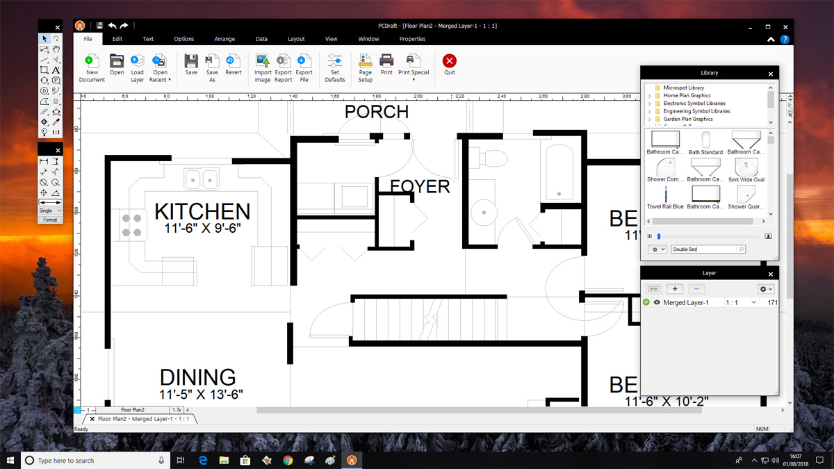 PCDraft Pro displaying a clean black-and-white residential floor plan with room labels and dimensions