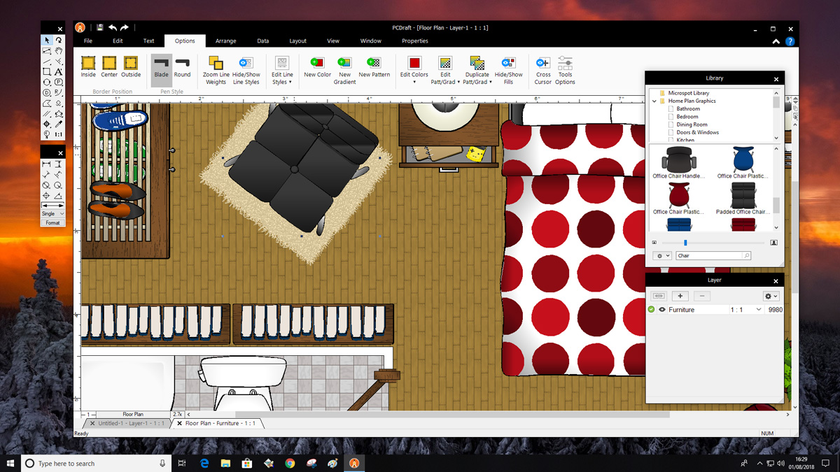 PCDraft Pro showing a colour-rendered interior floor plan with furniture, textures and patterns