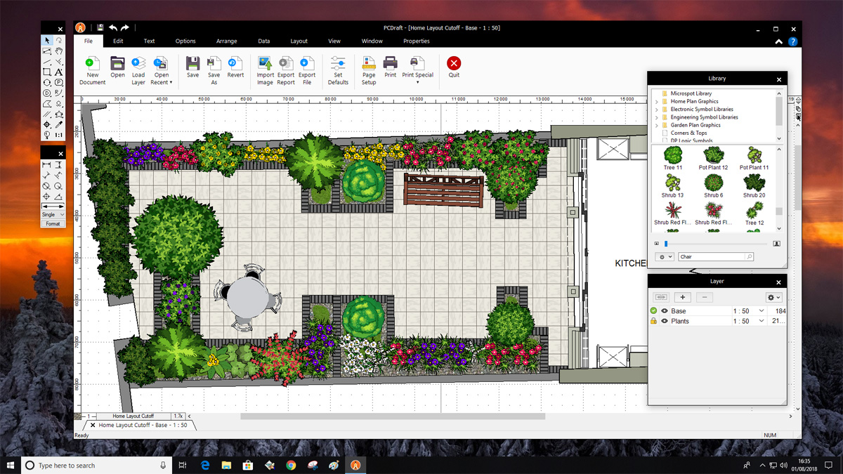 PCDraft Pro displaying a landscaped garden layout with planting symbols and paving