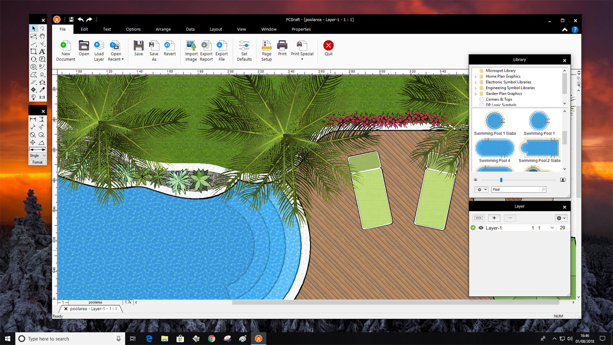 PCDraft Pro showing a poolside deck layout with palm trees, planting and sun loungers
