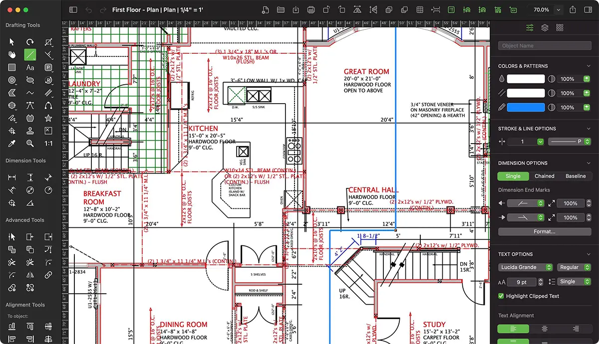 MacDraft Pro displaying a fully detailed first-floor architectural plan with dimensions, layers and callouts