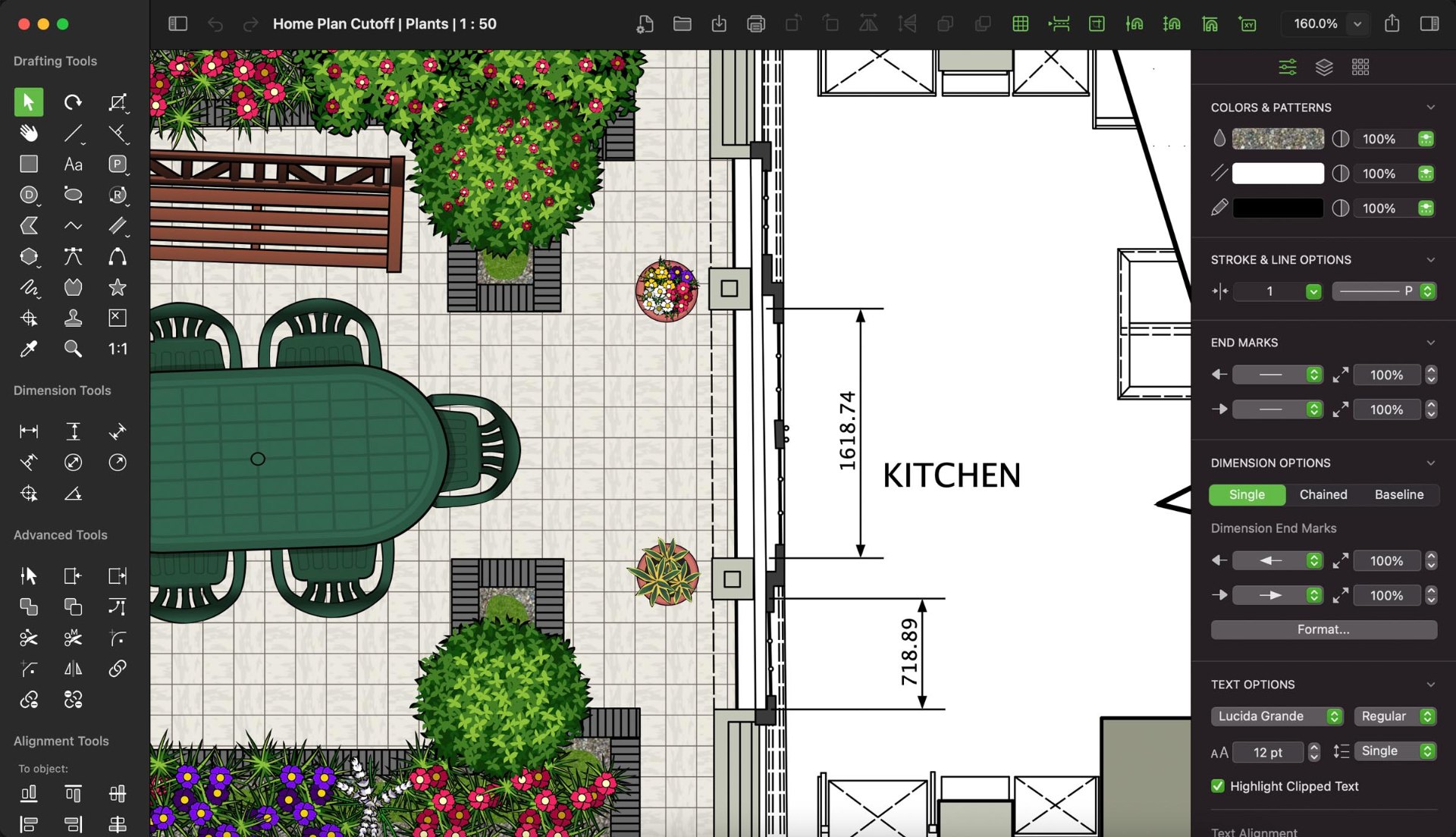 MacDraft Pro showing a colour-rendered garden and patio plan with dimensioning and pattern fills