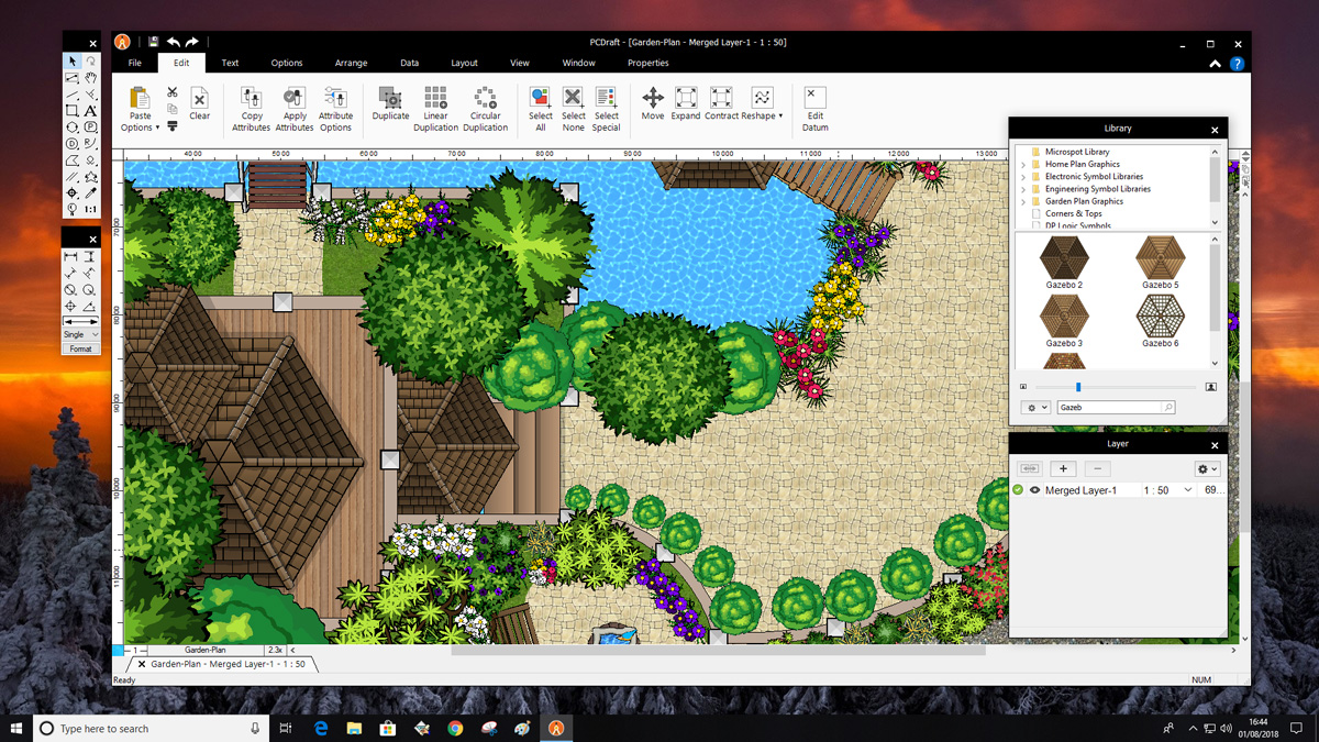 PCDraft Pro rendering a lush garden plan with pool, planting and gazebos