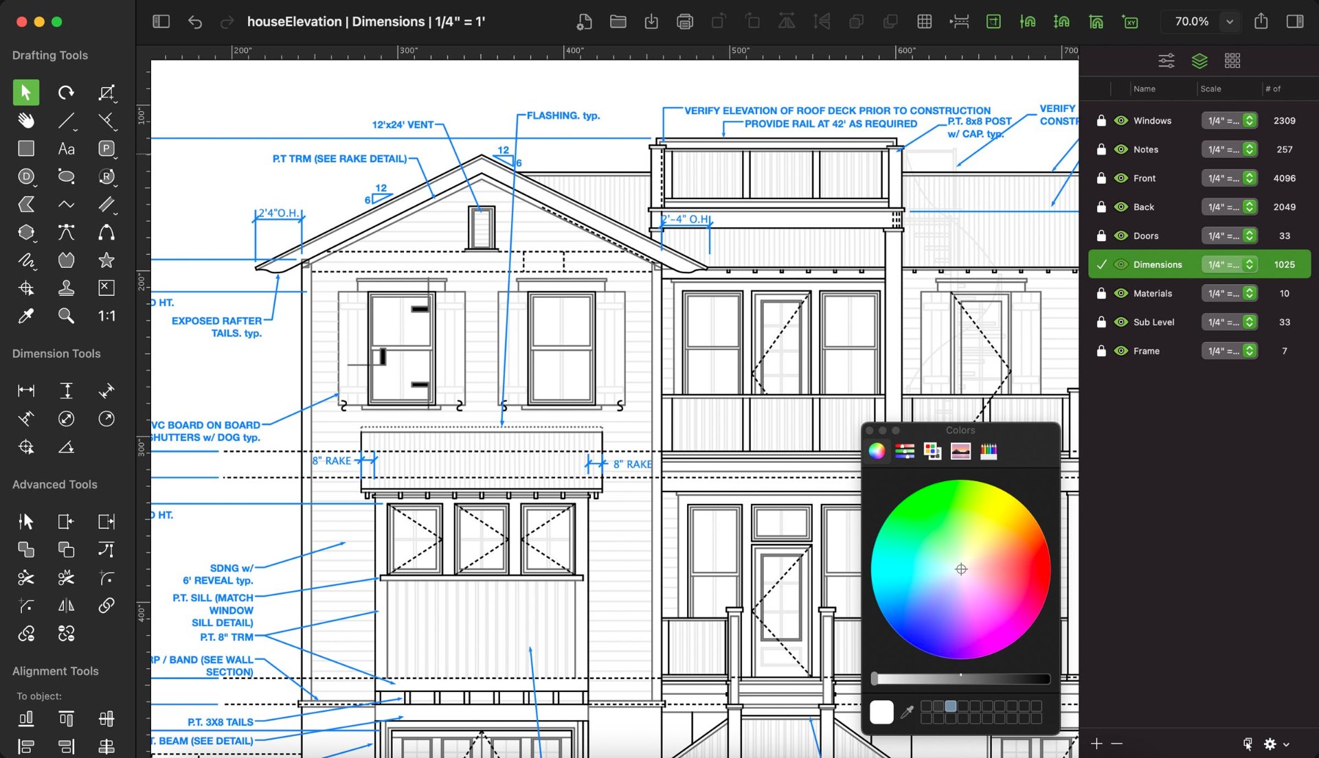 MacDraft Pro showing a technical house elevation with layer panel and colour picker on macOS